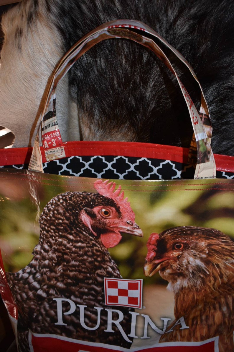 Recycled feed sack tote wchickens with black fabric liner bagpursereusable shoppingstock showspringffa