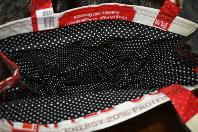 Recycled country ranch purina cattle feed sack wbald face cow with blk polka dot liner totebagpurseshopping bagstock showffa