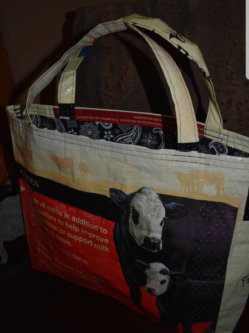 Recycled feed sack beef wbald face cowcattle with black paisley liner totebagpurseshopping bag