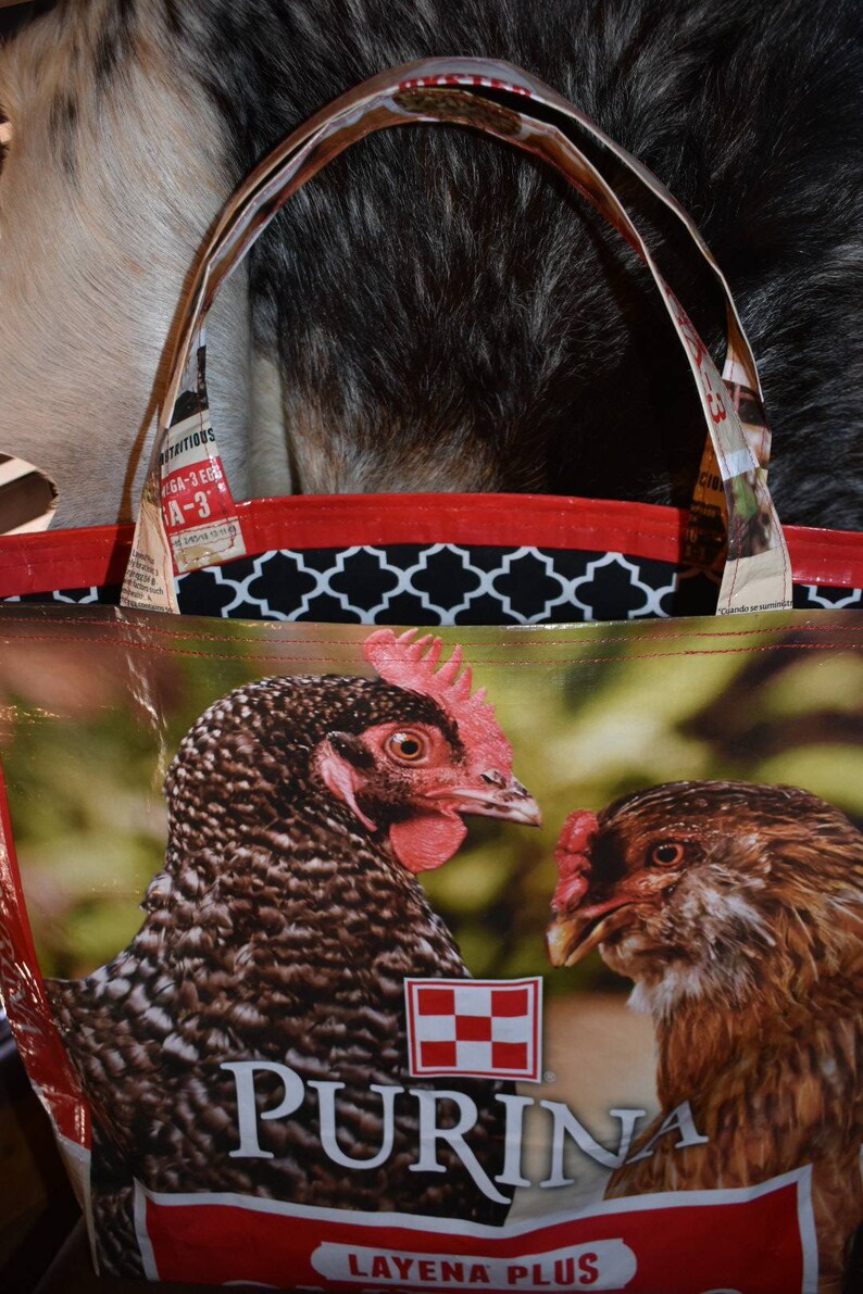 Recycled feed sack tote wchickens with black fabric liner bagpursereusable shoppingstock showspringffa