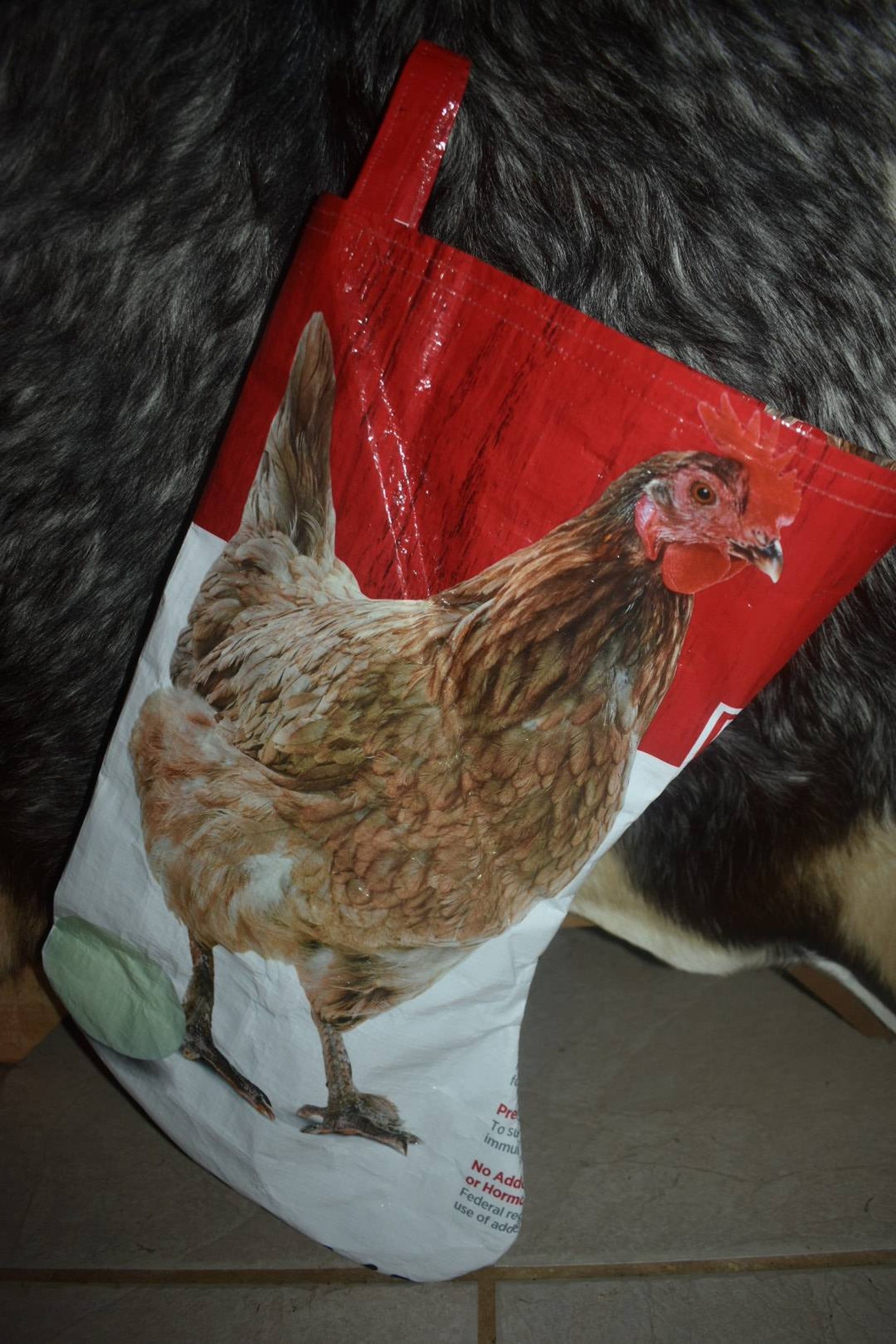Recycled feed sack christmas chicken stocking | Etsy