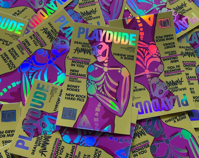Monster Meat gay vintage magazine style holographic sticker - Skeleton S2