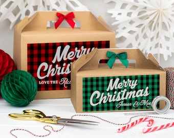 Christmas Gift Box Personalised | MERRY CHRISTMAS PLAID | Present boxes with ribbon bow