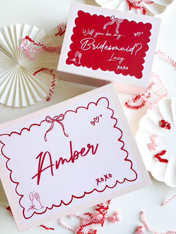 Will you be my bridesmaid proposal box | WHIMSICAL SCALLOPED EDGE | pink red handdrawn wedding gift boxes