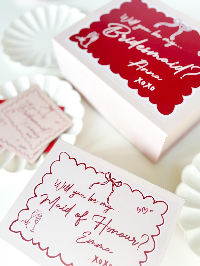 will you be my bridesmaid proposal pink. Soft pink with a whimsical handdrawn design in red
