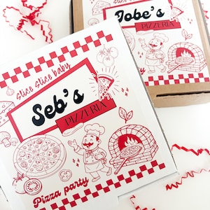 May include: Two pizza boxes with red and white checkered patterns and illustrations. One box reads "Seb's Pizzeria" and the other "Jobe's Pizzeria". Both boxes feature a chef, pizza oven, and pizza slice graphics.
