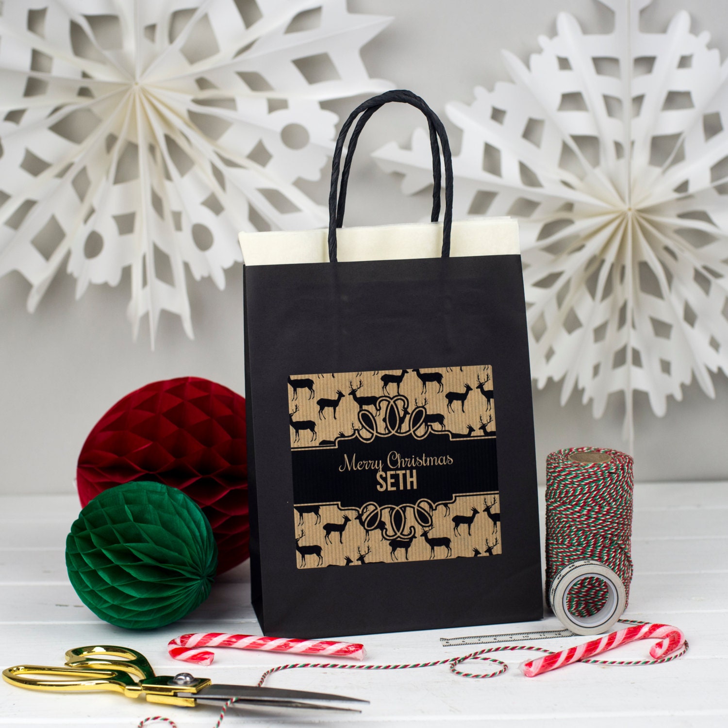 Personalised Rustic Christmas Gift Bags Black Xmas Pattern Etsy