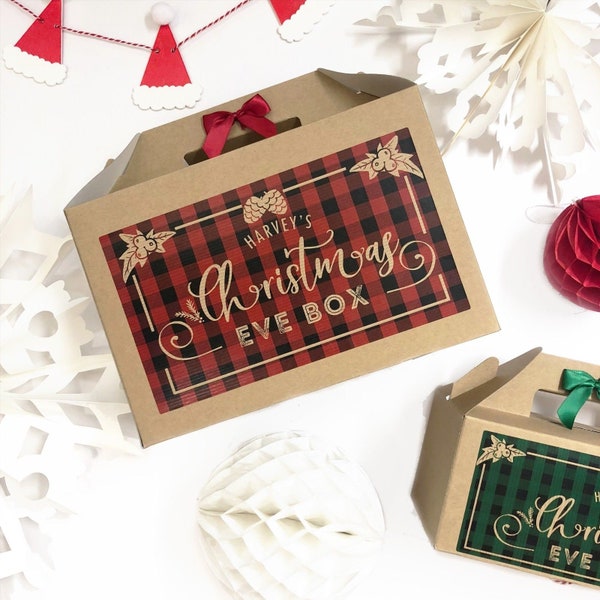 Christmas eve Gift Box Personalised | PLAID | Green Red Present boxes with ribbon bow