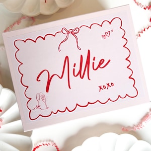 Bridesmaid Proposal Gift Box | WHIMSICAL SCALLOPED EDGE | pink red hand drawn magnetic luxe boxes