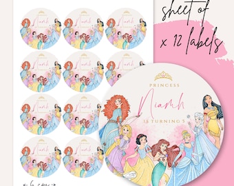May include: A sheet of 12 princess-themed round labels, each featuring a different Disney princess. The labels are 6 cm in diameter and have a pink background with a gold crown and the text "Princess Mia is turning 5".