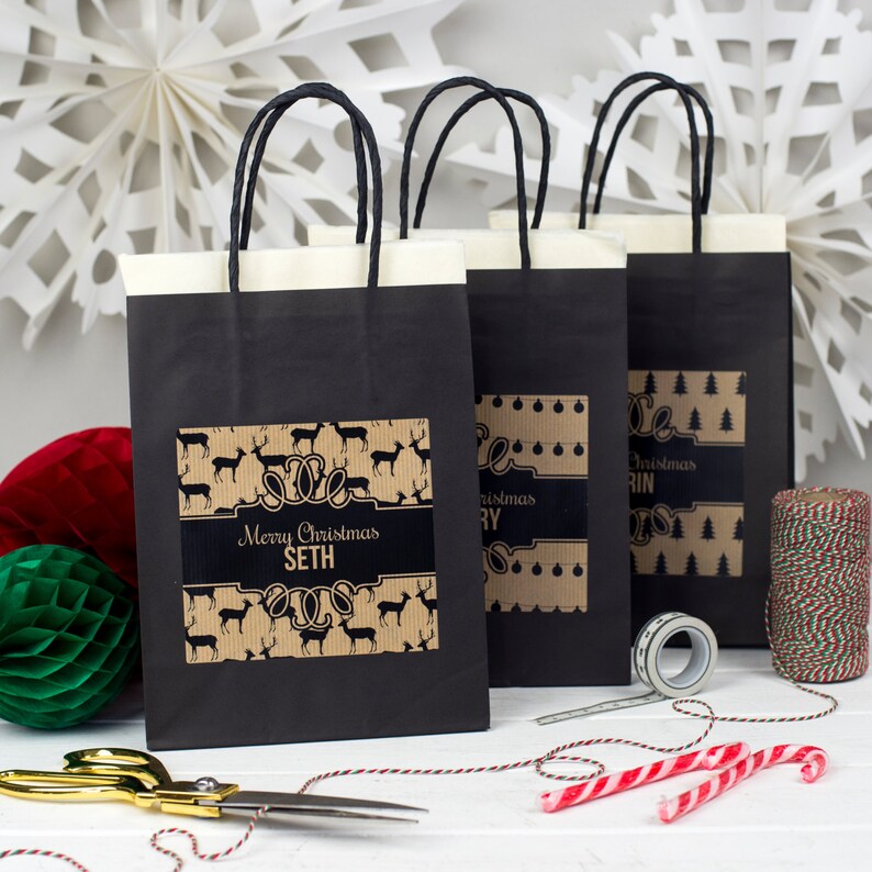 Personalised Rustic Christmas Gift Bags Black Xmas Pattern Etsy