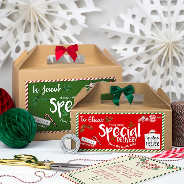 Personalised Christmas Eve Gift Box | ELF RE-DELIVERY parcel| Kraft box with ribbon bow