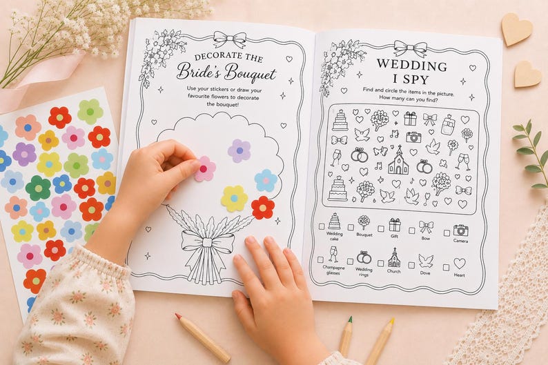 May include: An activity book with two open pages featuring a 'Decorate the Bride's Bouquet' section with a flower outline and a 'Wedding I Spy' game. A sheet of colourful flower stickers is included to place on the bouquet illustration.