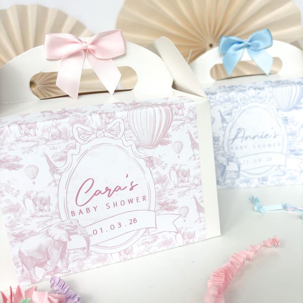 Caja de regalo personalizada para baby shower / TOILE DE JOUY / cajas de fiesta caprichosas de safari Bolsa de regalo para fiesta con lazo
