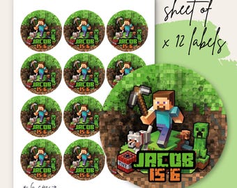 Personalised Stickers | BLOCK GAMER | 12 X Personalised kids picnic labels 6CM