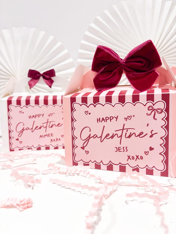 Personalised Valentines Gift Box small | BURGUNDY GALENTINES STRIPE | Happy kids Valentine’s Day Childrens Favour Boxes