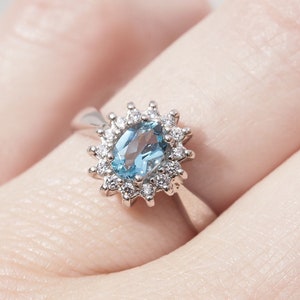 LILOU Aquamarine Diamond Ring, Aquamarine Engagement Ring, Promise Ring, Vintage Diamond Ring, Antique Engagement