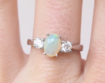 EDEN - Natural Opal Diamond Ring in Rose Gold, Yellow Gold, White Gold, Platinum, Engagement Ring, October Birthstone, Trilogy Ring