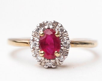 KATIE Ruby Diamond Halo Ring in Rose Gold, Yellow Gold, White Gold, Engagement Ring, Promise Ring, July Birthstone, Antique Ruby