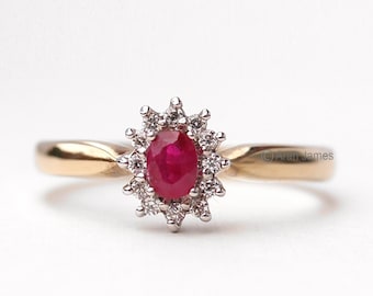 MIRA - Ruby Diamond Halo Ring in Rose Gold, Yellow Gold, White Gold, Engagement Ring, Promise Ring, July Birthstone, Antique Ruby