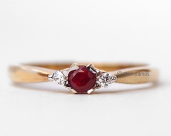 HATTIE - Ruby Diamond Trilogy Ring in Rose Gold, Yellow Gold, White Gold, Engagement Ring, Promise Ring, July Birthstone, Antique Ruby