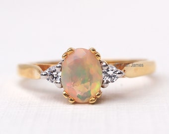 VALERIA Faceted Natural Opal Diamond Ring in Rose Gold, Yellow Gold, White Gold, Platinum, Engagement Ring, October Birthstone