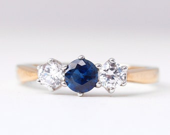 CAROLINE - 0.33ct Sapphire Diamond Trilogy Ring, Sapphire Engagement Ring, Promise Ring, Vintage Diamond Ring, Antique Engagement