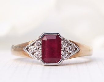 AYLIN - Ruby Diamond Cluster Ring in Rose Gold, Yellow Gold, White Gold, Engagement Ring, Promise Ring, July Birthstone, Antique Ruby