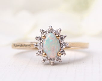 NATALIA - 0.15ct Vintage Skinny Opal & Diamond Halo Ring