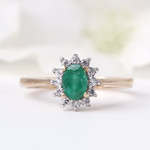 KINSLEY - Emerald Diamond Halo Ring, Emerald Engagement Ring, Promise Ring, Vintage Diamond Ring, Antique Engagement
