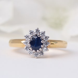 ELIANA - Vintage Sapphire Diamond Halo Ring, Sapphire Engagement Ring, Promise Ring, Vintage Diamond Ring, Antique Engagement
