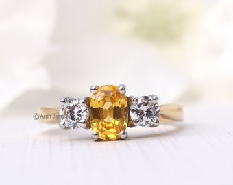 HALLIE - 0.50ct Yellow Sapphire Diamond Trilogy Ring in Rose Gold, Yellow Gold, White Gold, Platinum, Vintage Sapphire Ring