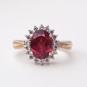 AMIRA - 2.10ct Vintage Rhodolite Garnet & Diamond Halo Ring, Engagement Ring, Promise Ring