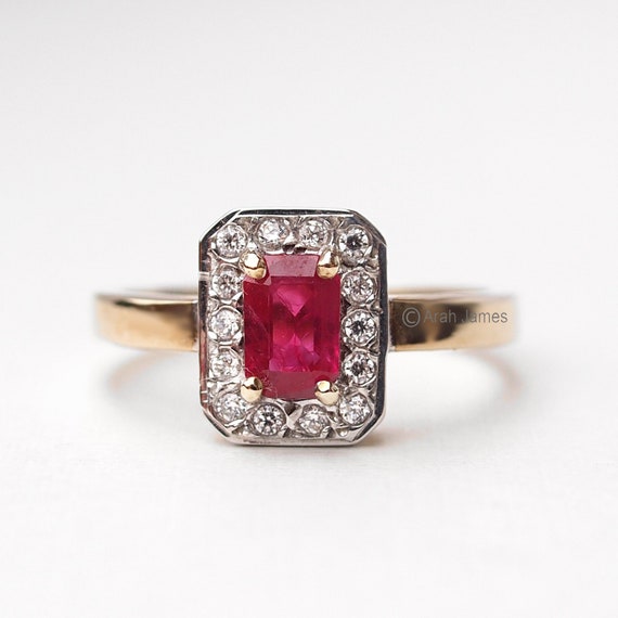 JOLENE Vintage Ruby Diamond Halo Ring in Rose Gold Yellow | Etsy