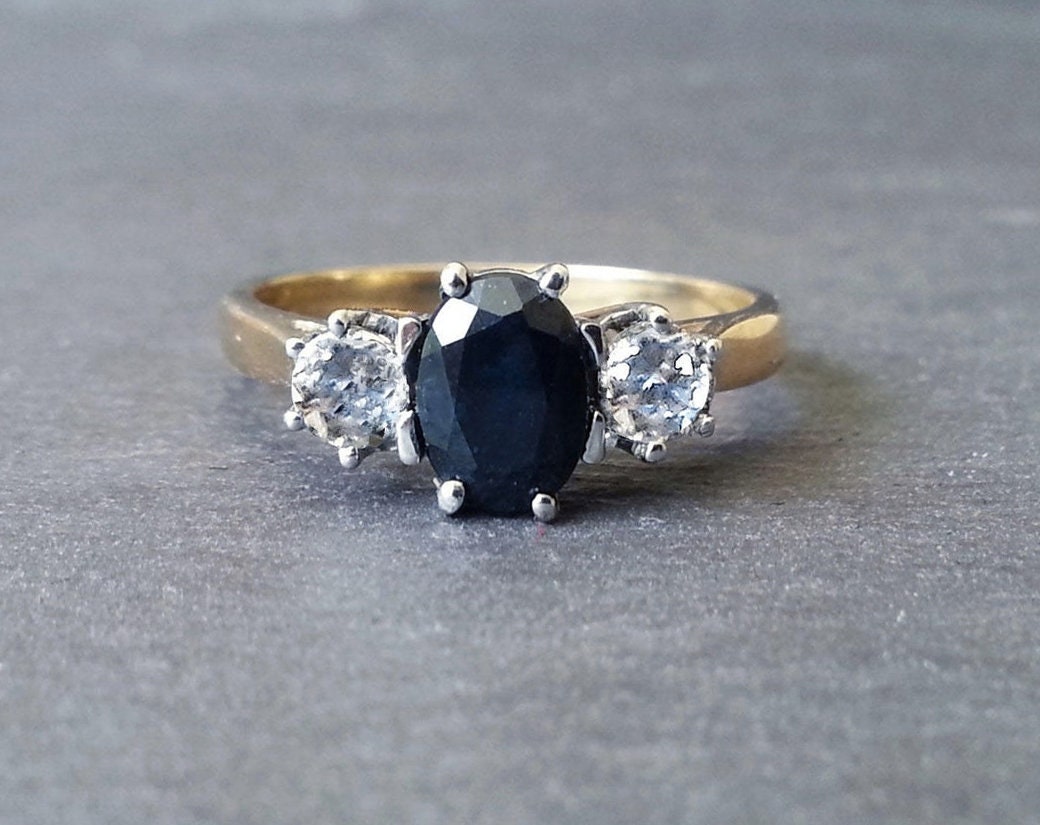 18K Yellow Gold Blue Sapphire Engagement Ring Vintage Inspired Baguette Diamond  Sapphire Ring 18K Retro Blue Sapphire Cocktail Ring - Etsy