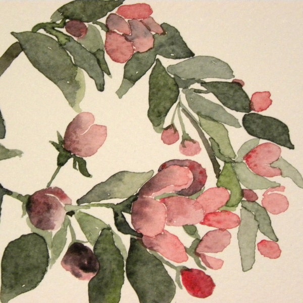 Apple tree in bloom. Helsinki, Finland. Original watercolor painting.