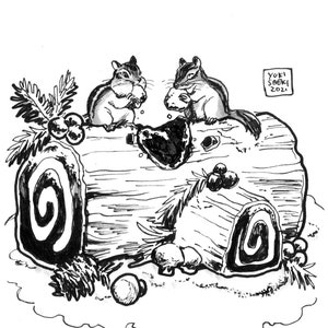 Chipmunks and Cake  - Original pen and ink illustration for October art challenge 2021