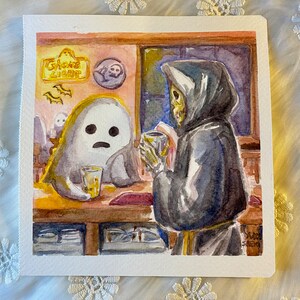 Original watercolor painting of a ghost and death in a bar