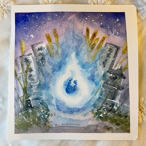 Original watercolor painting of “hitodama” ghost fire ball from Japanese folklore