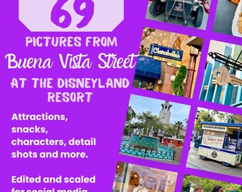 May include: A collage of 69 photographs from Buena Vista Street at the Disneyland Resort. The photos show attractions, snacks, characters, and details. The text "69 Pictures from Buena Vista Street at the Disneyland Resort" is in a purple box at the top of the collage. The text "Attractions, snacks, characters, detail shots and more." is below the purple box. The text "Edited and scaled for social media." is below that. The text "Complete Collection" is at the bottom of the collage.