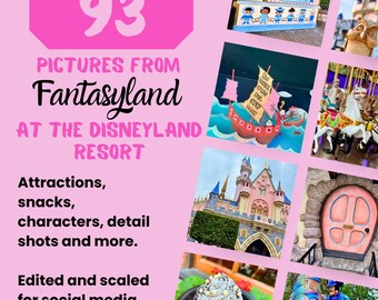 May include: A collage of 93 photos from Fantasyland at the Disneyland Resort. The photos show attractions, snacks, characters, and details. The photos are edited and scaled for social media. Album 1.