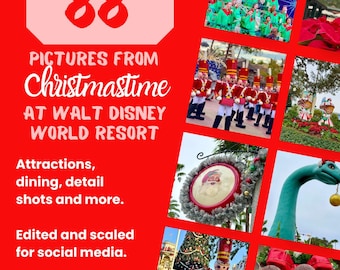 May include: A red graphic with the text "88 PICTURES FROM Christmastime AT WALT DISNEY WORLD RESORT." The image includes detail shots of attractions, dining, and more, edited for social media. Complete Collection.