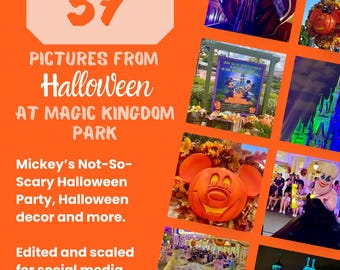 May include: An orange graphic with the number 57 and the words "Pictures From Halloween At Magic Kingdom Park." The image includes photos of Halloween decor, characters, and events from Mickey's Not-So-Scary Halloween Party.