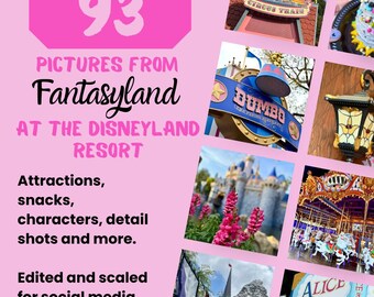 May include: A collage of 93 photos from Fantasyland at the Disneyland Resort. The photos feature attractions, snacks, characters, and detail shots. The text "93 Pictures from Fantasyland at the Disneyland Resort" is in pink text on a pink background. The text "Attractions, snacks, characters, detail shots and more." is in black text on a pink background. The text "Edited and scaled for social media. Album 2" is in black text on a pink background.