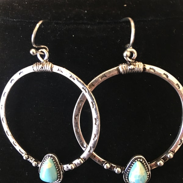 Native American turquoise and silver hoop earrings   FREE SHIPPING