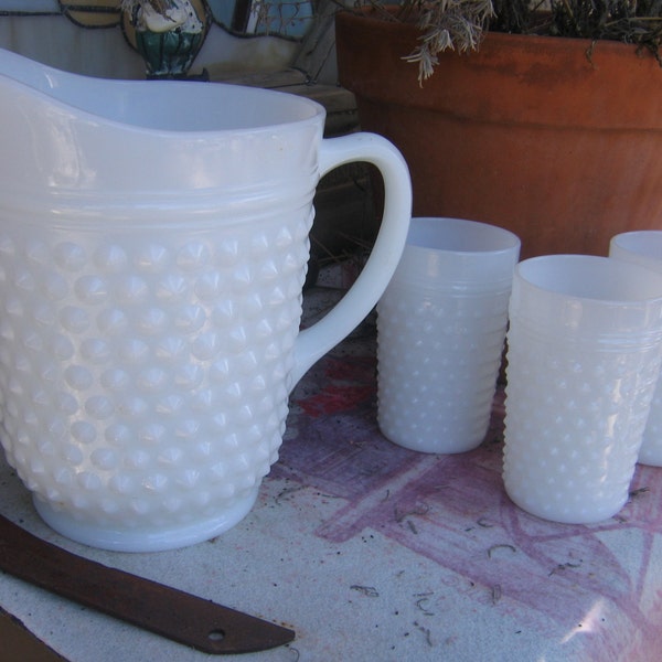 milk glass hob nail pitcher and 3 glasses