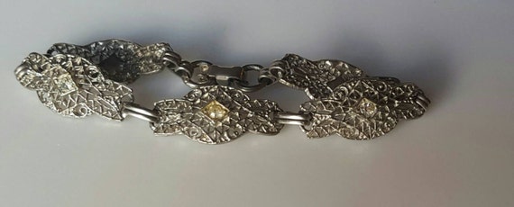 Silver Victorian Era Filigree Rhinestone Bracelet… - image 2