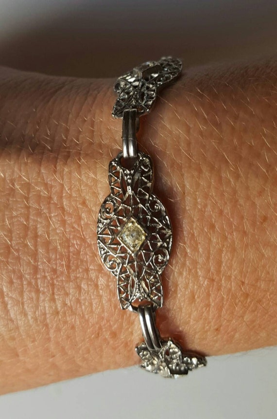 Silver Victorian Era Filigree Rhinestone Bracelet… - image 1