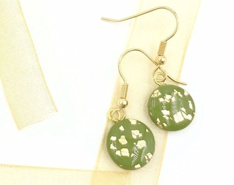Green and Gold Leaf Circle Earrings / Minimalist Jewelry / Modern Earrings / Polymer Clay / Gifts for Her