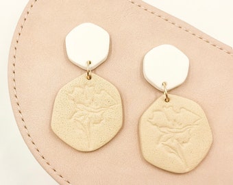 Neutral Floral Clay Dangle Earrings / Organic Shape Minimalist Earrings / Handmade Gift for Her / Gift for Wife / Gift for Mom / Sister